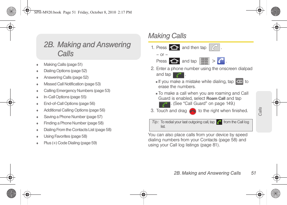 2b. making and answering calls, Making calls | Samsung SPH-M920ZKASPR User Manual | Page 65 / 238