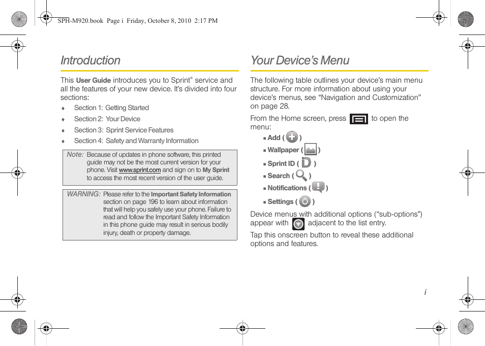 Introduction, Your device’s menu | Samsung SPH-M920ZKASPR User Manual | Page 7 / 238