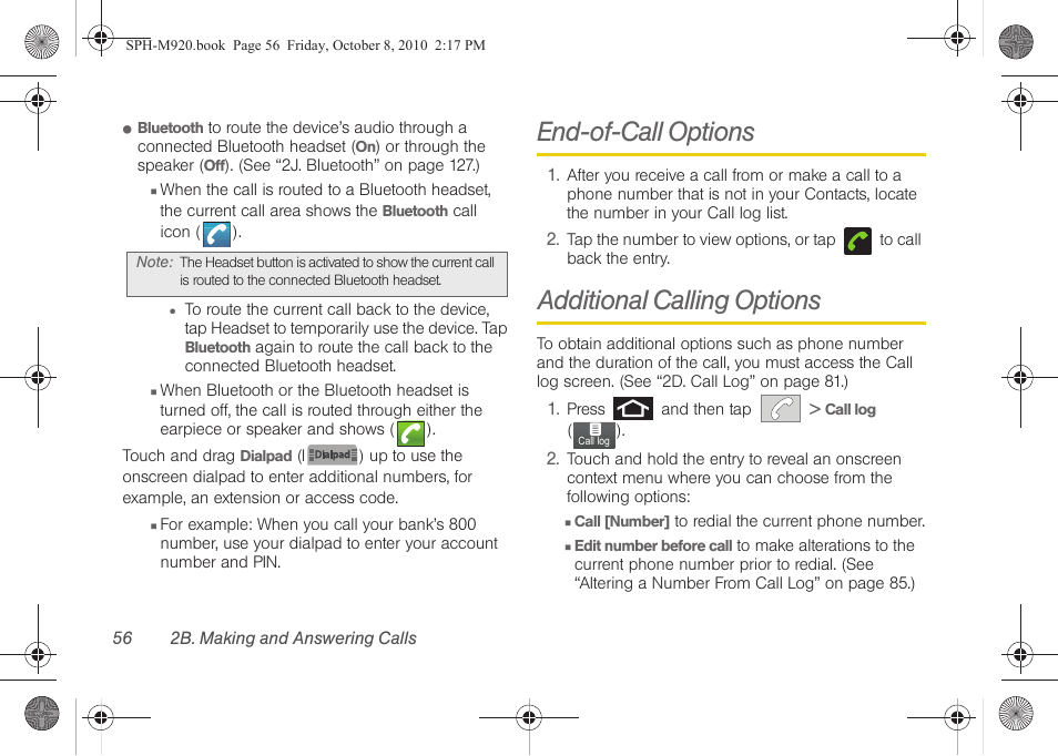 End-of-call options, Additional calling options | Samsung SPH-M920ZKASPR User Manual | Page 70 / 238