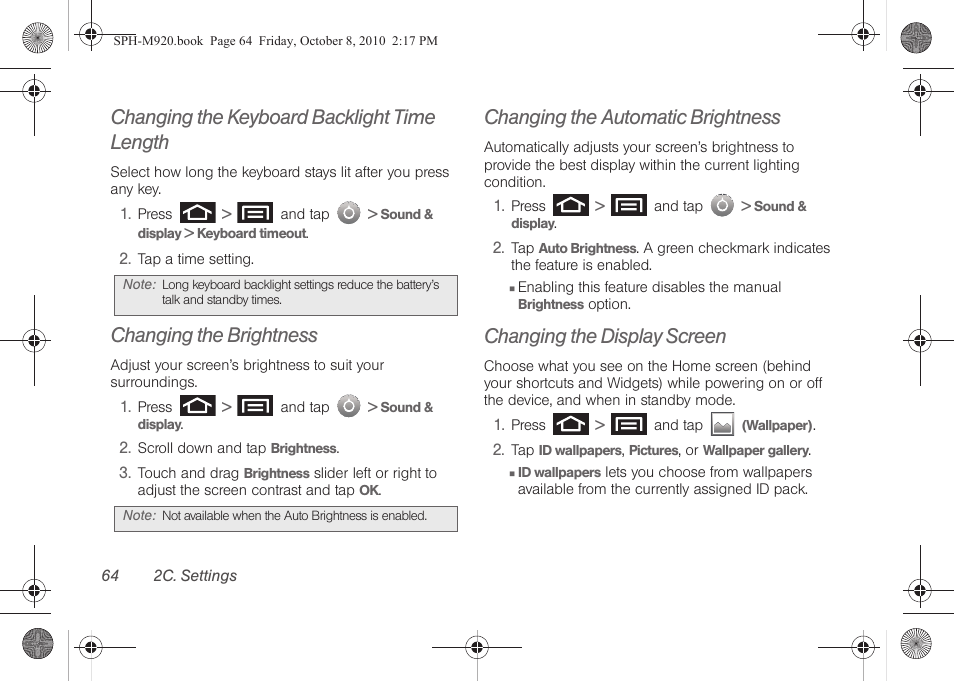 Changing the keyboard backlight time length, Changing the brightness, Changing the automatic brightness | Changing the display screen | Samsung SPH-M920ZKASPR User Manual | Page 78 / 238