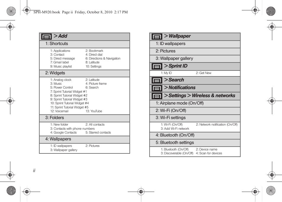 Wallpaper, Sprint id, Search | Notifications, Settings > wireless & networks | Samsung SPH-M920ZKASPR User Manual | Page 8 / 238