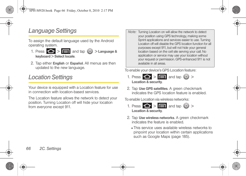 Language settings, Location settings | Samsung SPH-M920ZKASPR User Manual | Page 80 / 238