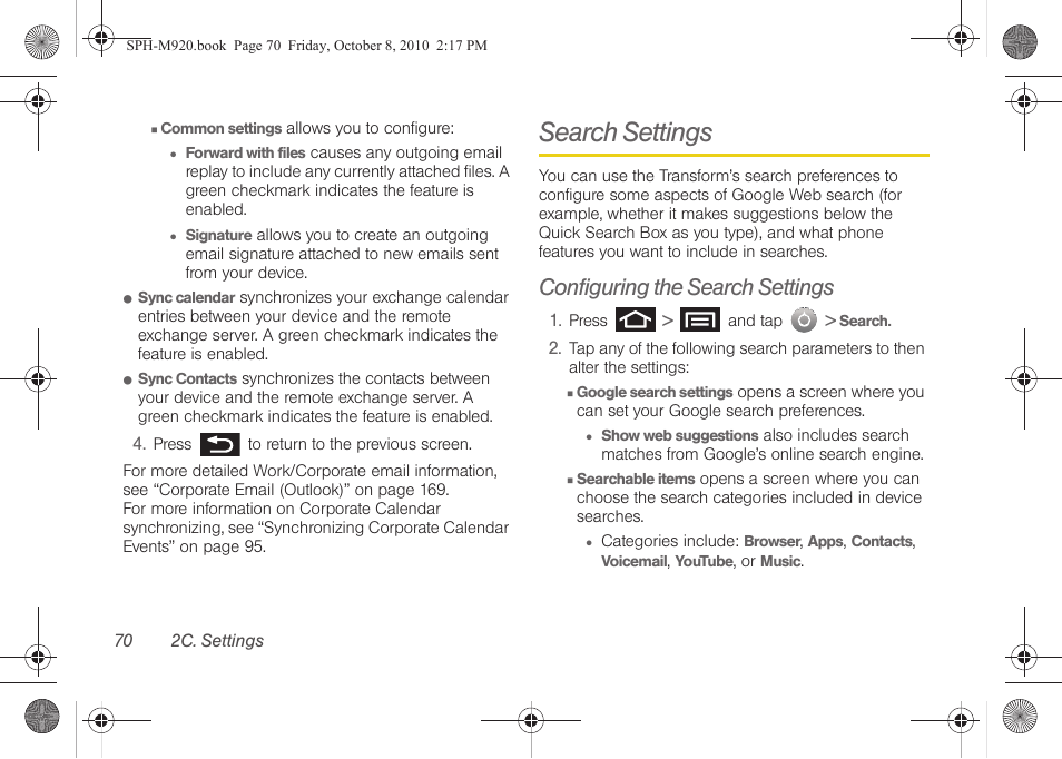 Search settings, Configuring the search settings | Samsung SPH-M920ZKASPR User Manual | Page 84 / 238