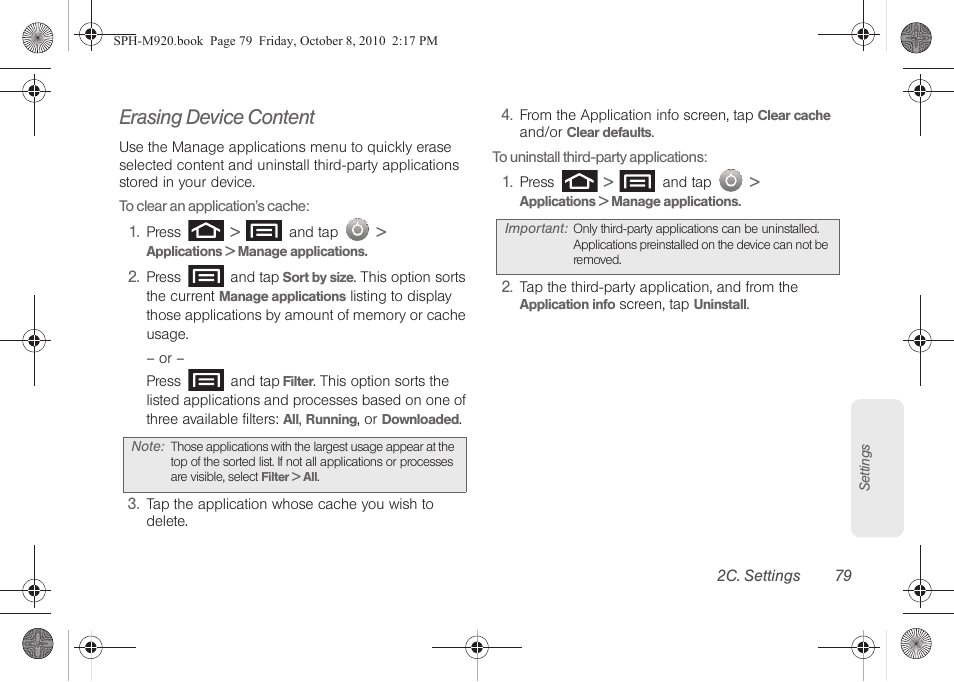 Erasing device content | Samsung SPH-M920ZKASPR User Manual | Page 93 / 238