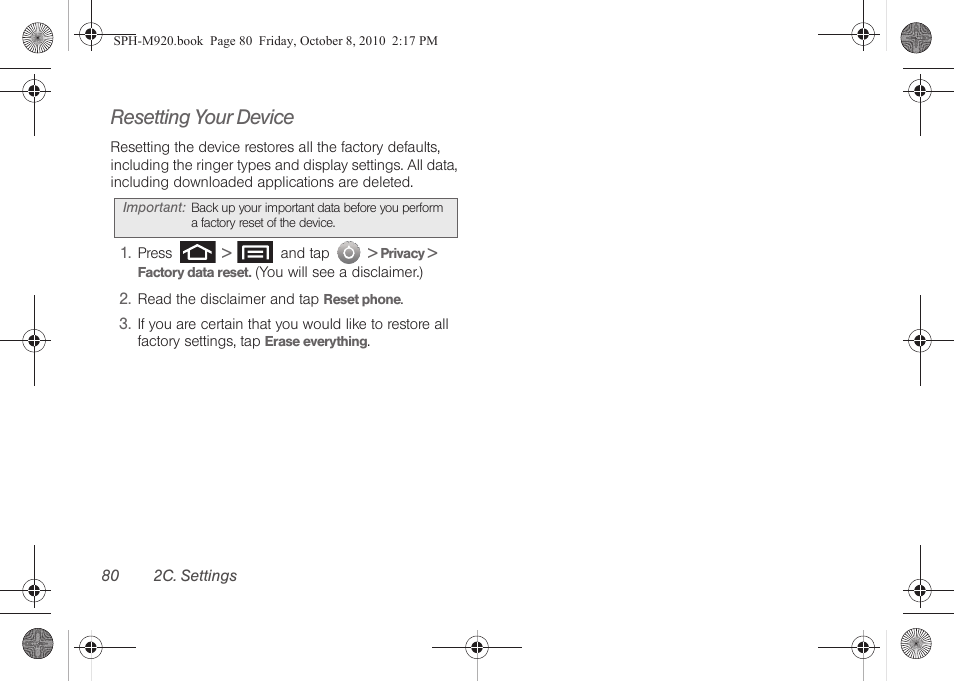 Resetting your device | Samsung SPH-M920ZKASPR User Manual | Page 94 / 238