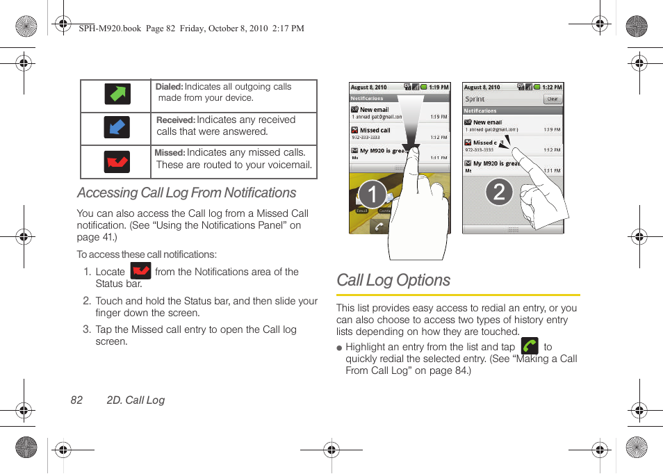 Accessing call log from notifications, Call log options | Samsung SPH-M920ZKASPR User Manual | Page 96 / 238