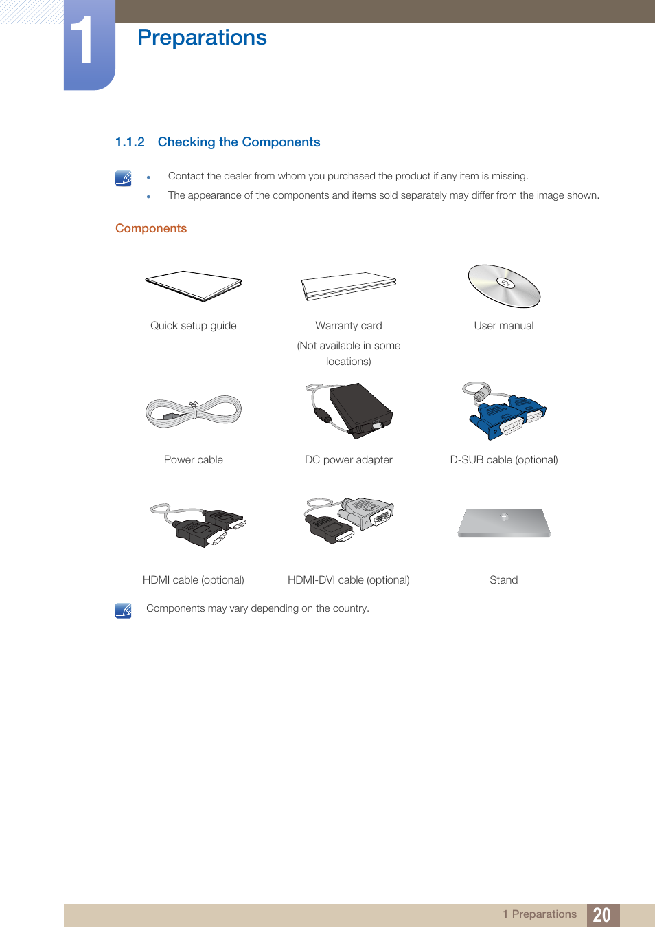 2 checking the components, Checking the components, Preparations | Samsung LS27C750PS-ZA User Manual | Page 20 / 97