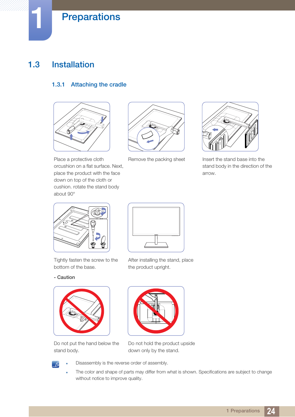 3 installation, 1 attaching the cradle, Installation | Attaching the cradle, Preparations | Samsung LS27C750PS-ZA User Manual | Page 24 / 97
