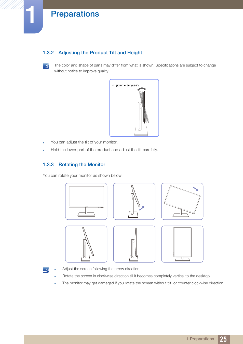 2 adjusting the product tilt and height, 3 rotating the monitor, Adjusting the product tilt and height | Rotating the monitor, Preparations | Samsung LS27C750PS-ZA User Manual | Page 25 / 97