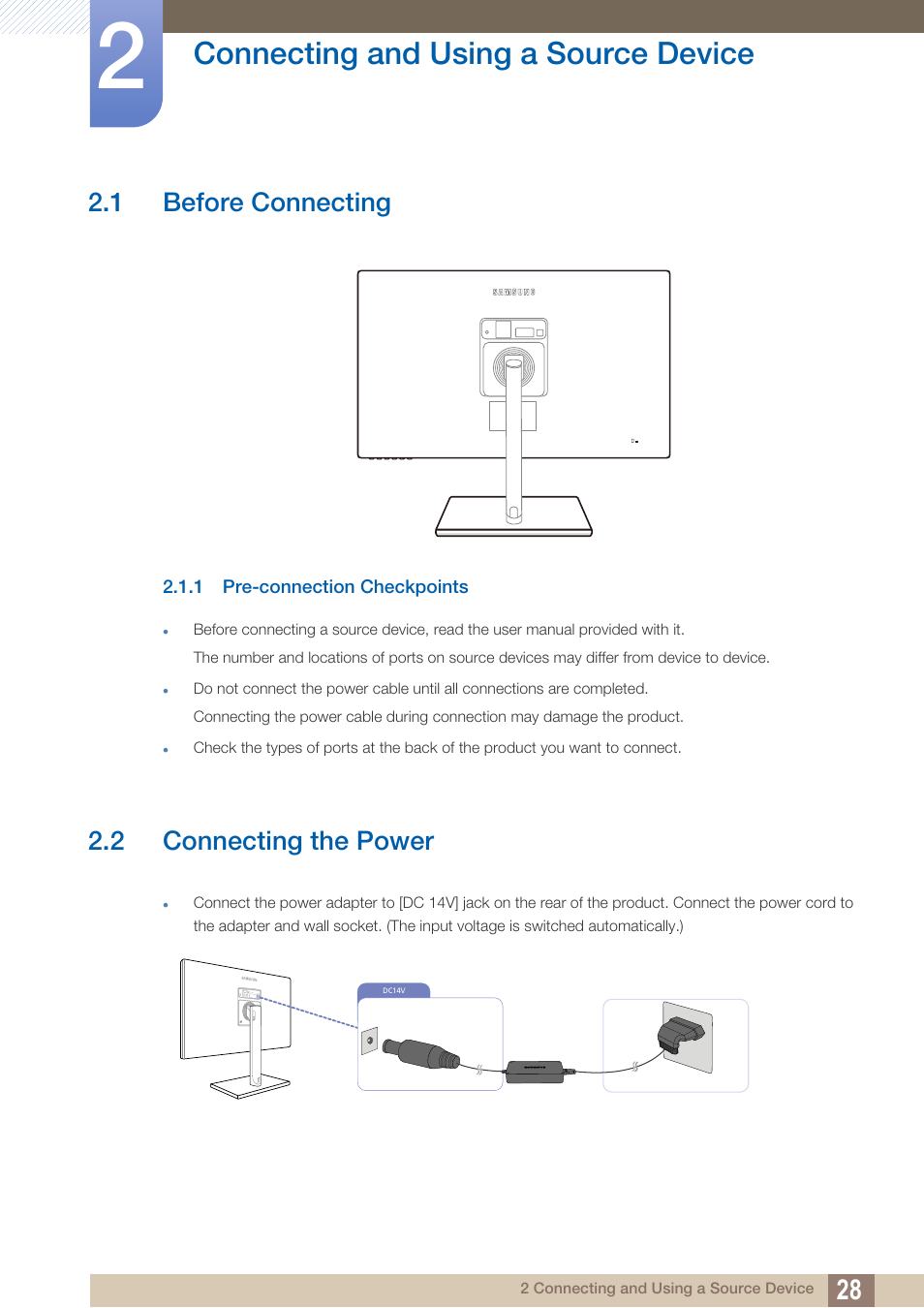 Connecting and using a source device, 1 before connecting, 1 pre-connection checkpoints | 2 connecting the power, Connecting and using, A source device, Before connecting, Pre-connection checkpoints, Connecting the power | Samsung LS27C750PS-ZA User Manual | Page 28 / 97