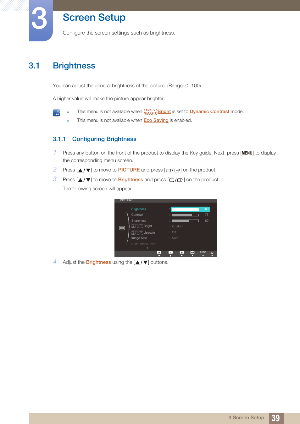 Screen setup, 1 brightness, 1 configuring brightness | Brightness, Configuring brightness | Samsung LS27C750PS-ZA User Manual | Page 39 / 97