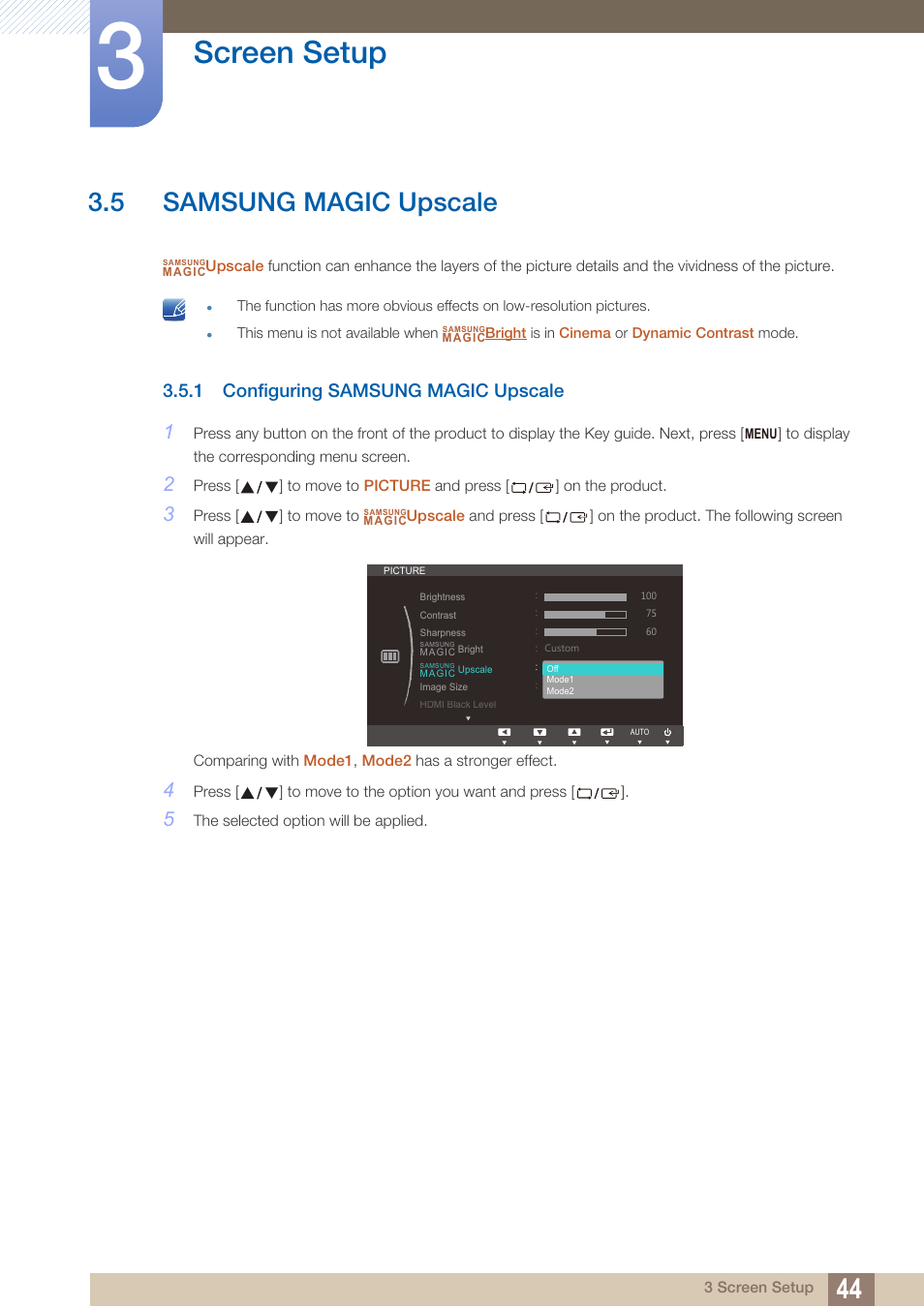 5 samsung magic upscale, 1 configuring samsung magic upscale, Samsung magic upscale | Configuring samsung magic upscale, Upscale, Samsung, Magic, Screen setup | Samsung LS27C750PS-ZA User Manual | Page 44 / 97
