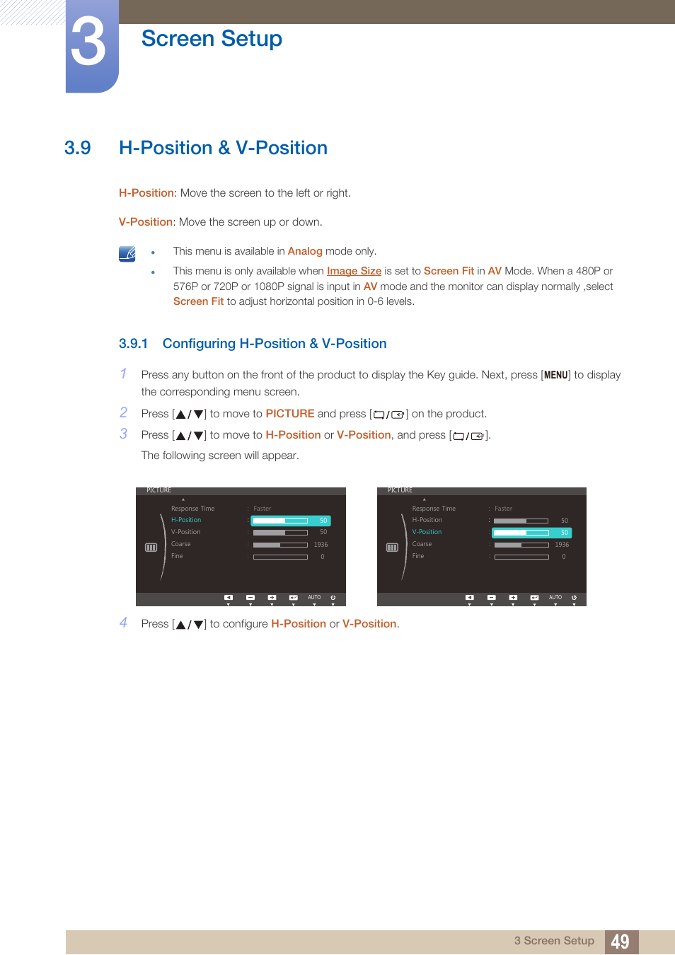9 h-position & v-position, 1 configuring h-position & v-position, H-position & v-position | Configuring h-position & v-position, Screen setup | Samsung LS27C750PS-ZA User Manual | Page 49 / 97