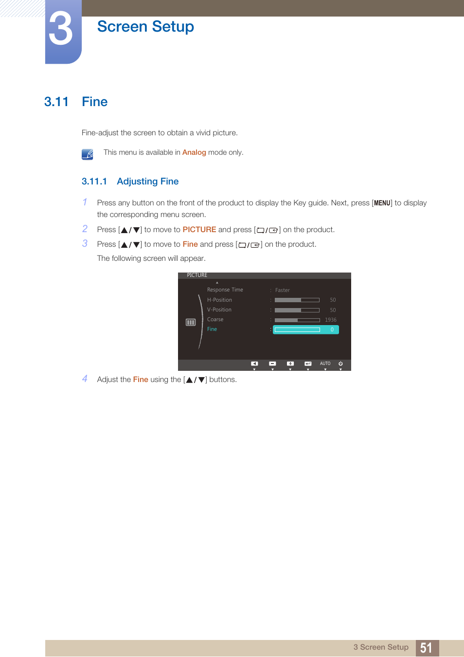 11 fine, 1 adjusting fine, Fine | Adjusting fine, Screen setup | Samsung LS27C750PS-ZA User Manual | Page 51 / 97