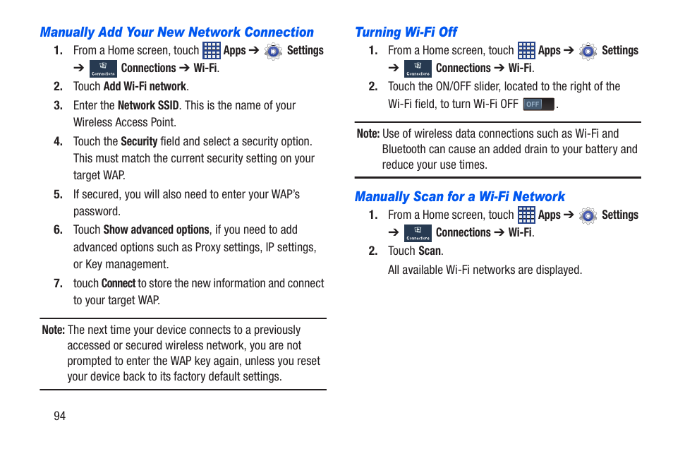 Manually add your new network connection, Turning wi-fi off, Manually scan for a wi-fi network | Samsung SCH-R960ZKAUSC User Manual | Page 101 / 228