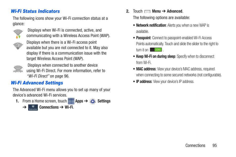 Wi-fi status indicators, Wi-fi advanced settings | Samsung SCH-R960ZKAUSC User Manual | Page 102 / 228