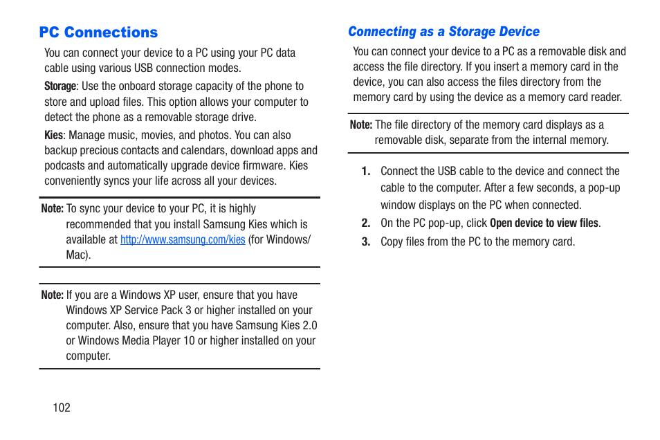 Pc connections, Connecting as a storage device | Samsung SCH-R960ZKAUSC User Manual | Page 109 / 228