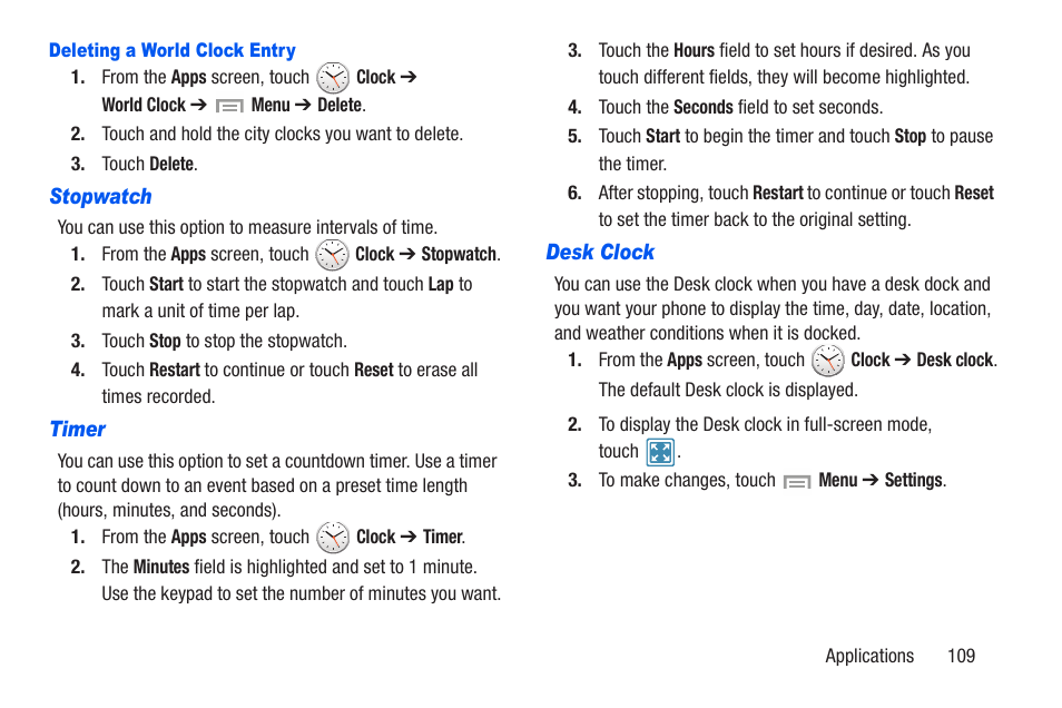 Deleting a world clock entry, Stopwatch, Timer | Desk clock | Samsung SCH-R960ZKAUSC User Manual | Page 116 / 228