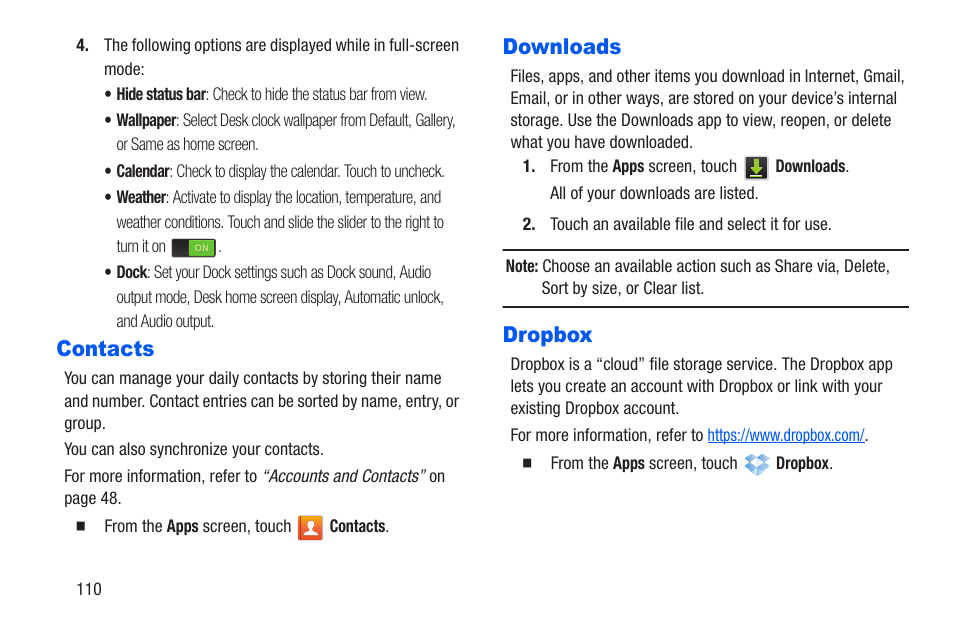 Contacts, Downloads, Dropbox | Contacts downloads dropbox | Samsung SCH-R960ZKAUSC User Manual | Page 117 / 228