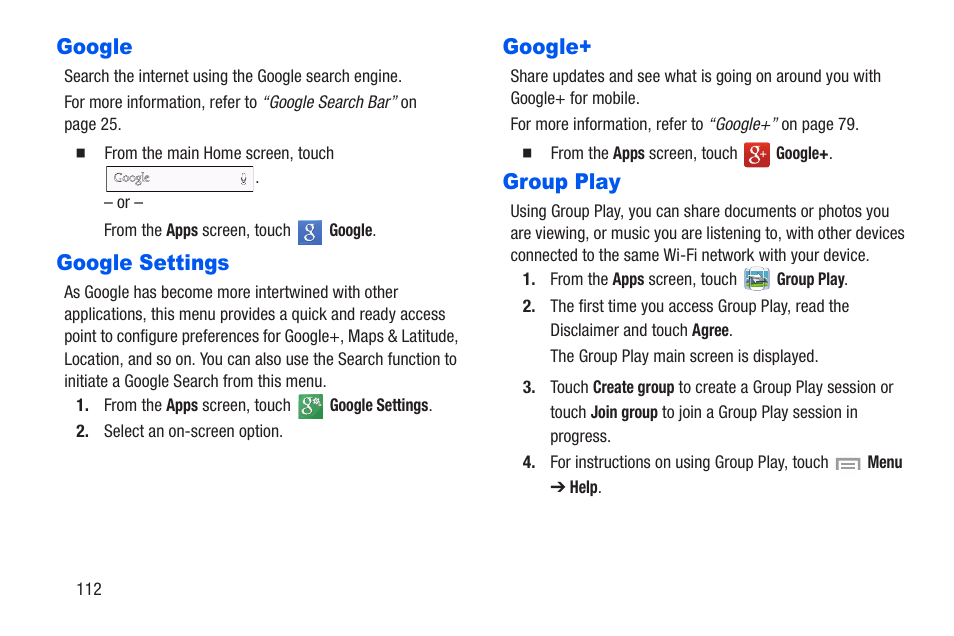 Google, Google settings, Group play | Google google settings google+ group play | Samsung SCH-R960ZKAUSC User Manual | Page 119 / 228
