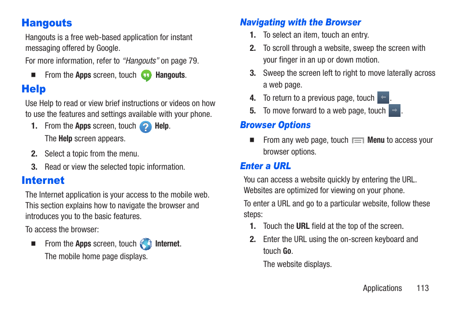 Hangouts, Help, Internet | Navigating with the browser, Browser options, Enter a url, Hangouts help internet | Samsung SCH-R960ZKAUSC User Manual | Page 120 / 228