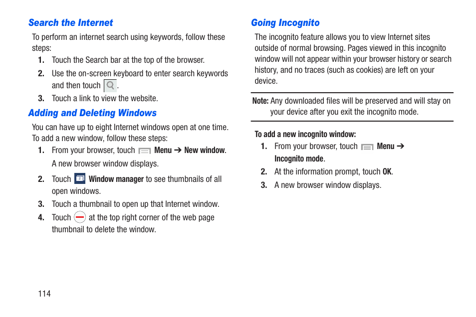 Search the internet, Adding and deleting windows, Going incognito | Samsung SCH-R960ZKAUSC User Manual | Page 121 / 228