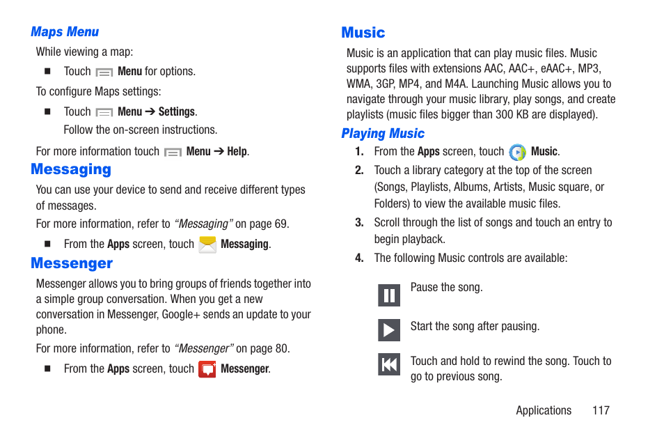 Maps menu, Messaging, Messenger | Music, Playing music, Messaging messenger music | Samsung SCH-R960ZKAUSC User Manual | Page 124 / 228