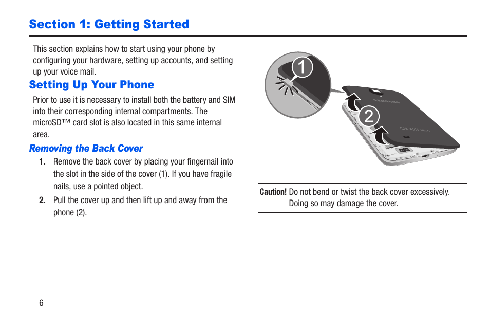 Section 1: getting started, Setting up your phone, Removing the back cover | Samsung SCH-R960ZKAUSC User Manual | Page 13 / 228
