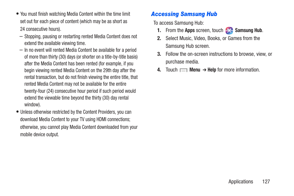 Accessing samsung hub | Samsung SCH-R960ZKAUSC User Manual | Page 134 / 228
