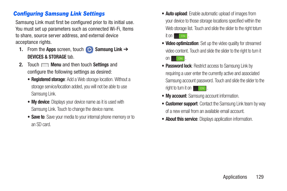 Configuring samsung link settings | Samsung SCH-R960ZKAUSC User Manual | Page 136 / 228