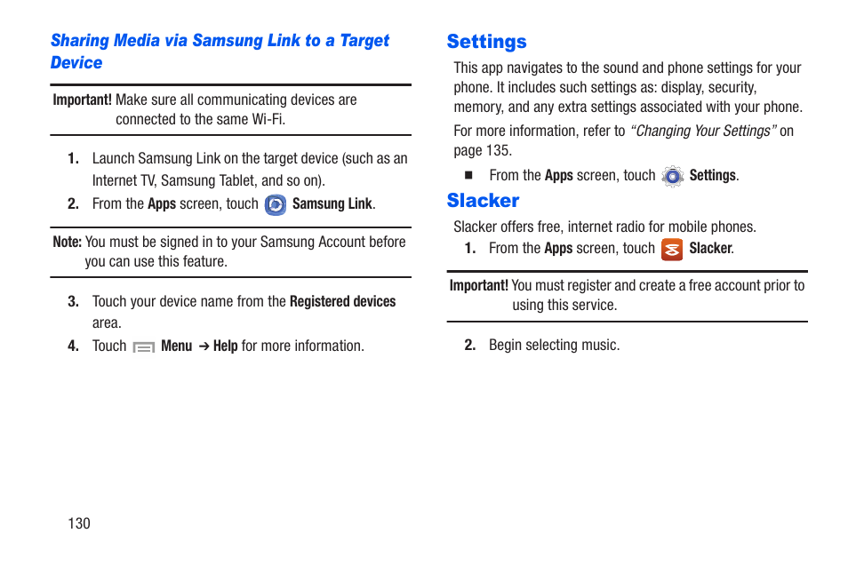 Sharing media via samsung link to a target device, Settings, Slacker | Settings slacker | Samsung SCH-R960ZKAUSC User Manual | Page 137 / 228