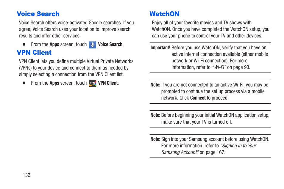 Voice search, Vpn client, Watchon | Voice search vpn client watchon | Samsung SCH-R960ZKAUSC User Manual | Page 139 / 228