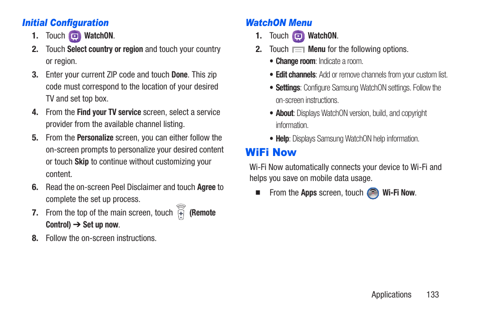 Initial configuration, Watchon menu, Wifi now | Samsung SCH-R960ZKAUSC User Manual | Page 140 / 228