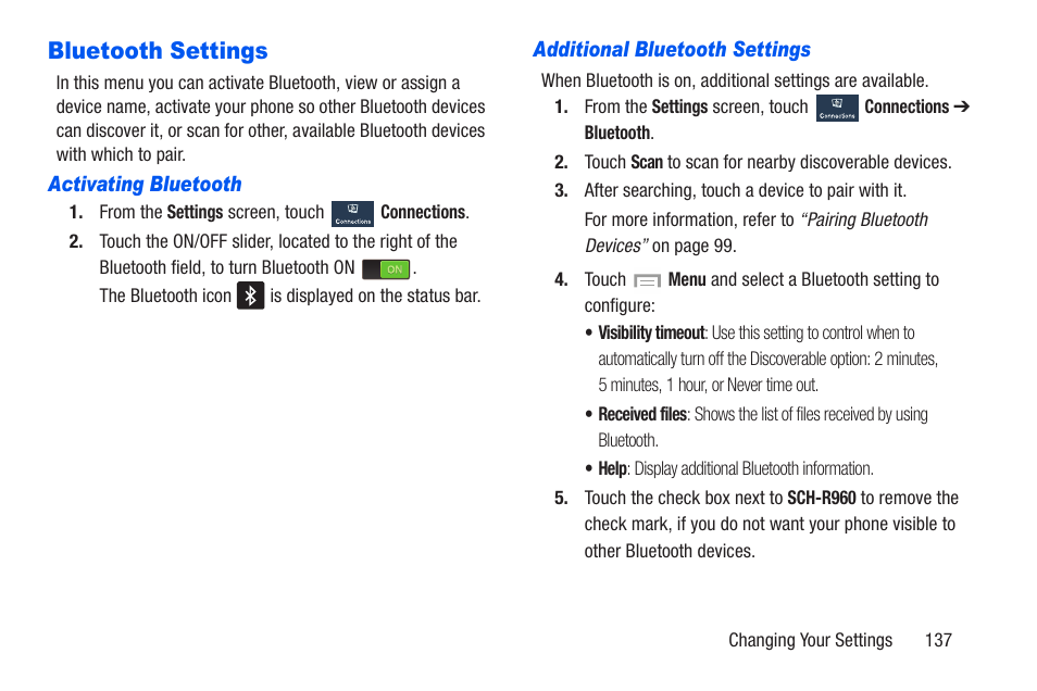 Bluetooth settings, Activating bluetooth, Additional bluetooth settings | Samsung SCH-R960ZKAUSC User Manual | Page 144 / 228