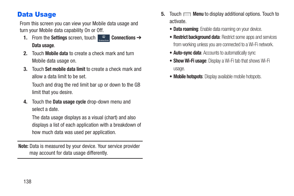 Data usage | Samsung SCH-R960ZKAUSC User Manual | Page 145 / 228