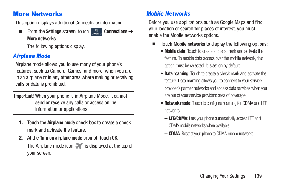 More networks, Airplane mode, Mobile networks | Samsung SCH-R960ZKAUSC User Manual | Page 146 / 228