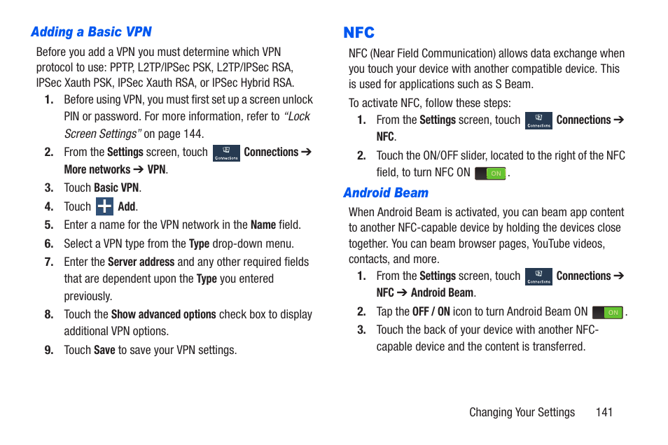 Adding a basic vpn, Android beam | Samsung SCH-R960ZKAUSC User Manual | Page 148 / 228