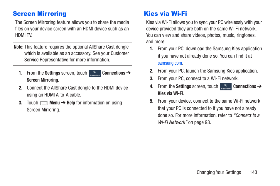 Screen mirroring, Kies via wi-fi, Screen mirroring kies via wi-fi | Samsung SCH-R960ZKAUSC User Manual | Page 150 / 228