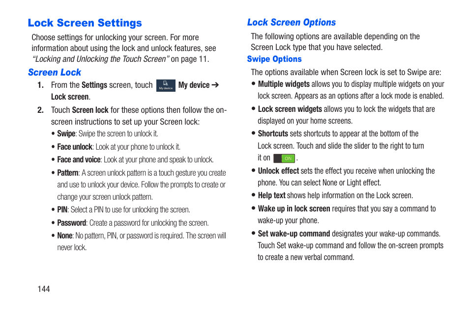 Lock screen settings, Screen lock, Lock screen options | Swipe options | Samsung SCH-R960ZKAUSC User Manual | Page 151 / 228