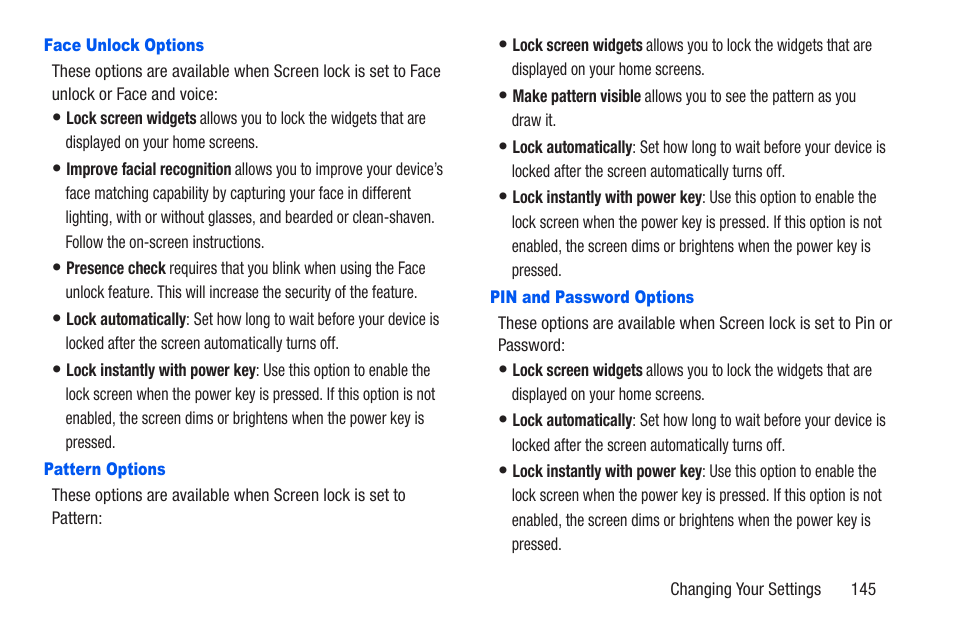 Face unlock options, Pattern options, Pin and password options | Samsung SCH-R960ZKAUSC User Manual | Page 152 / 228