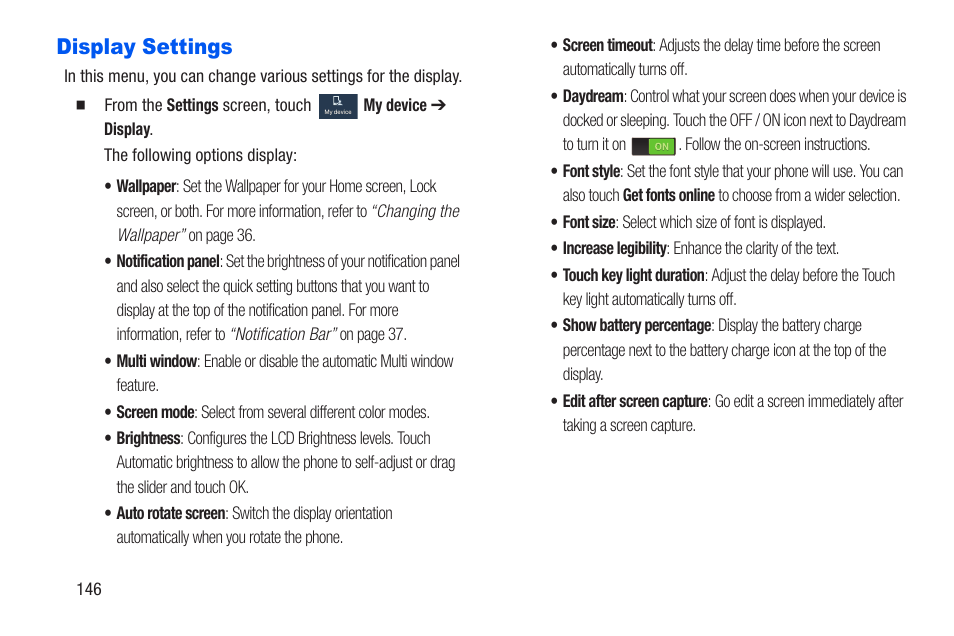 Display settings, F. for more information, refer to | Samsung SCH-R960ZKAUSC User Manual | Page 153 / 228