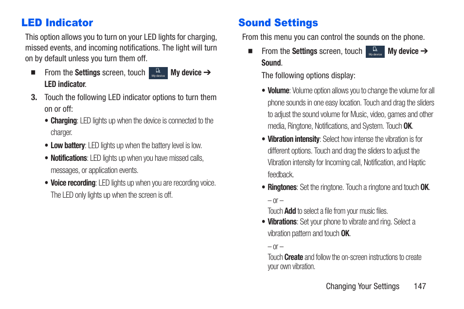 Led indicator, Sound settings, Led indicator sound settings | Samsung SCH-R960ZKAUSC User Manual | Page 154 / 228