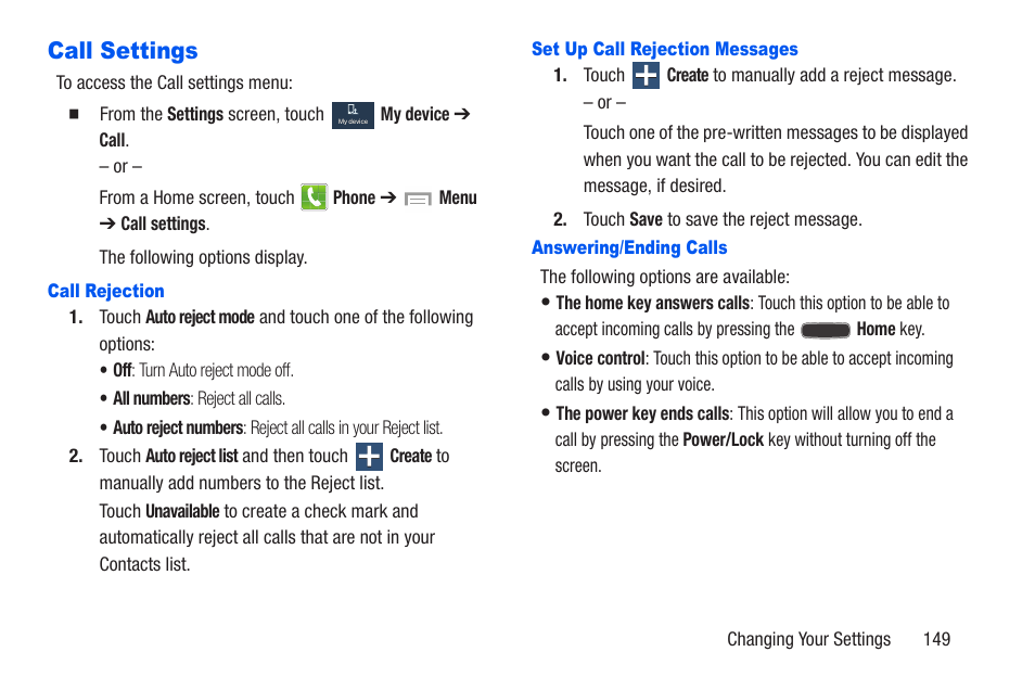 Call settings, Call rejection, Set up call rejection messages | Answering/ending calls | Samsung SCH-R960ZKAUSC User Manual | Page 156 / 228