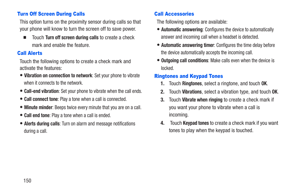 Turn off screen during calls, Call alerts, Call accessories | Ringtones and keypad tones | Samsung SCH-R960ZKAUSC User Manual | Page 157 / 228