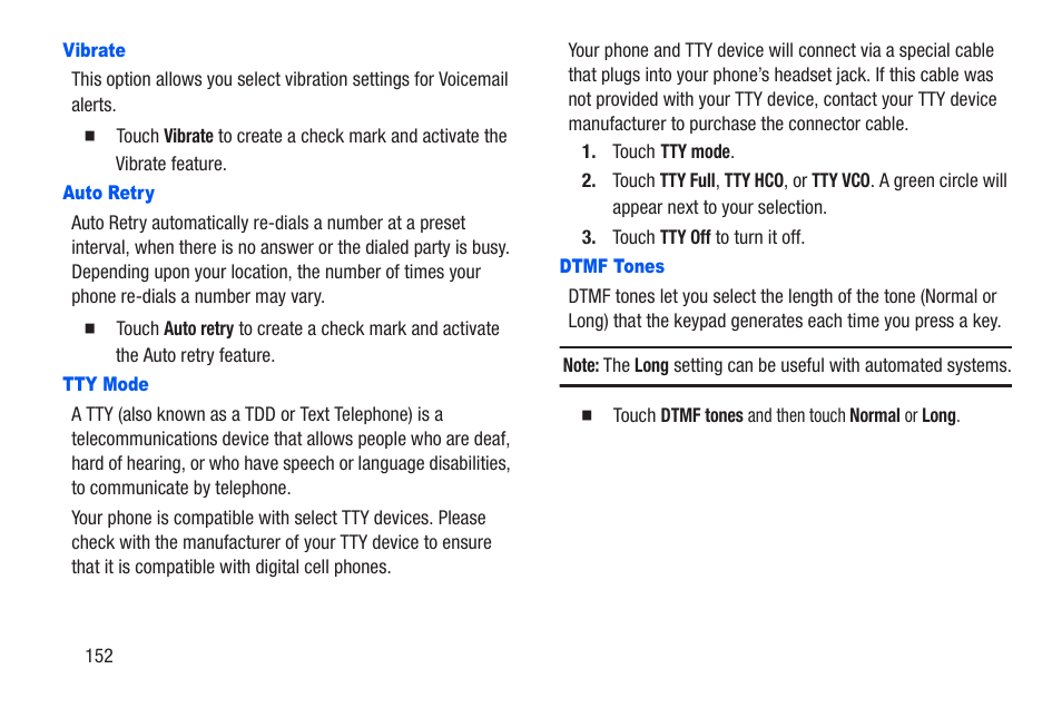 Vibrate, Auto retry, Tty mode | Dtmf tones | Samsung SCH-R960ZKAUSC User Manual | Page 159 / 228