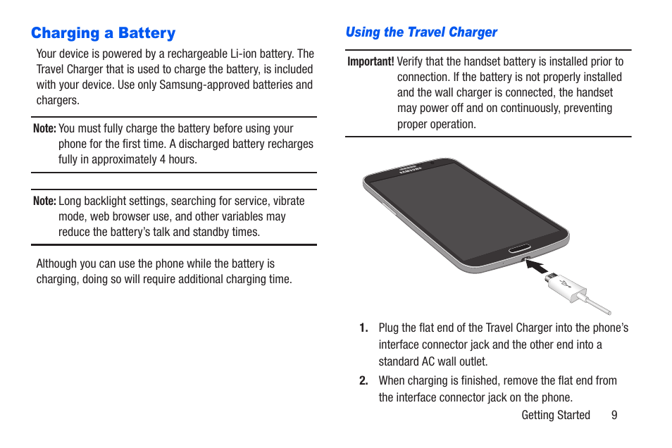 Charging a battery, Using the travel charger | Samsung SCH-R960ZKAUSC User Manual | Page 16 / 228