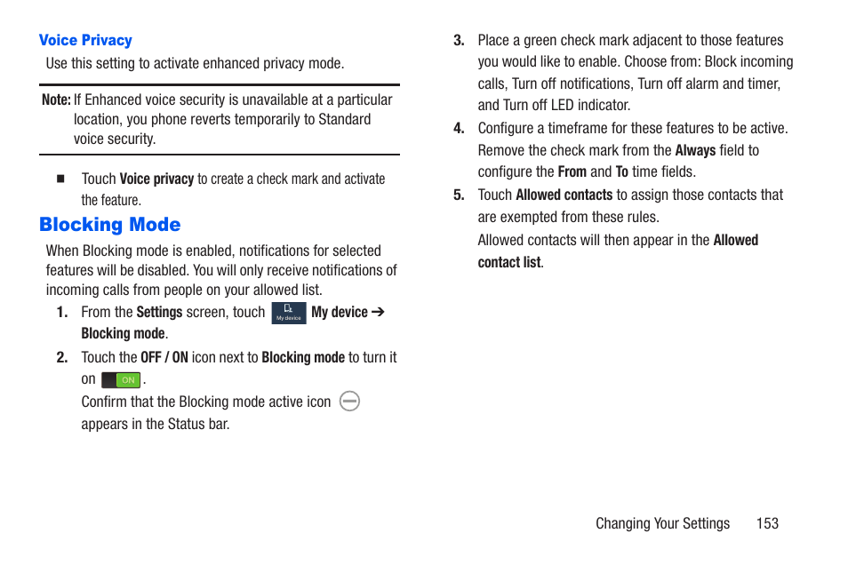 Voice privacy, Blocking mode | Samsung SCH-R960ZKAUSC User Manual | Page 160 / 228