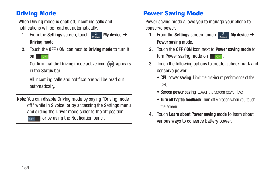 Driving mode, Power saving mode, Driving mode power saving mode | Samsung SCH-R960ZKAUSC User Manual | Page 161 / 228