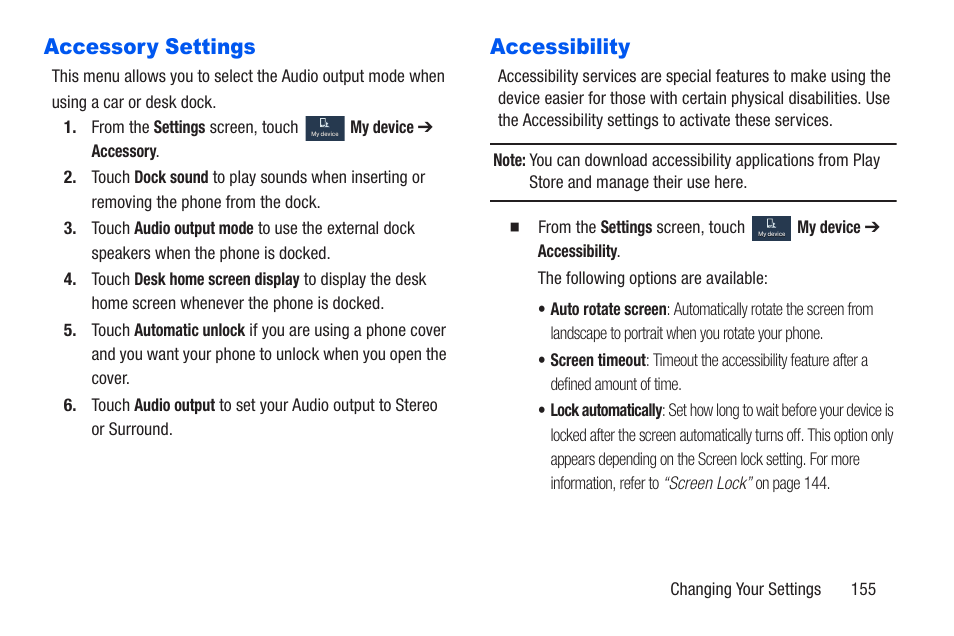 Accessory settings, Accessibility, Accessory settings accessibility | For more information, refer to | Samsung SCH-R960ZKAUSC User Manual | Page 162 / 228