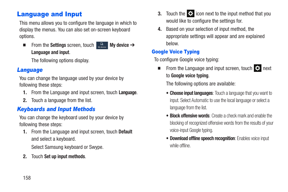 Language and input, Language, Keyboards and input methods | Google voice typing | Samsung SCH-R960ZKAUSC User Manual | Page 165 / 228